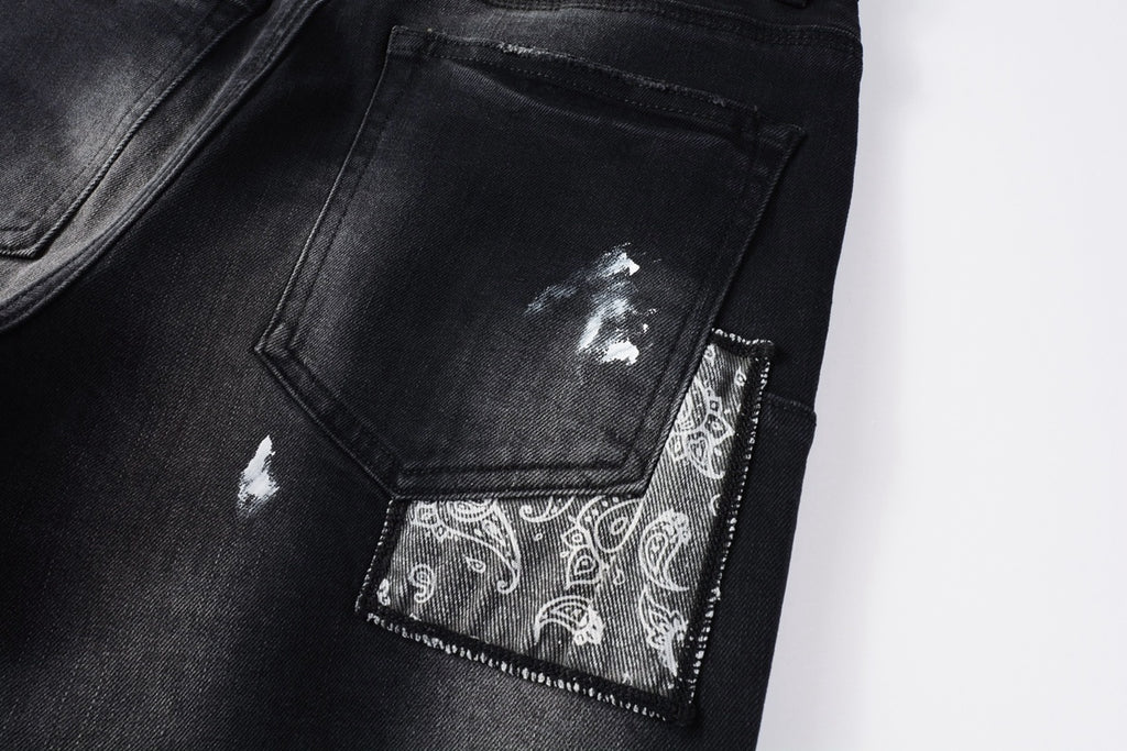 Men's Distressed Black Skinny Jeans with Bandanna Patchwork, Ripped Holes & Button Fly
