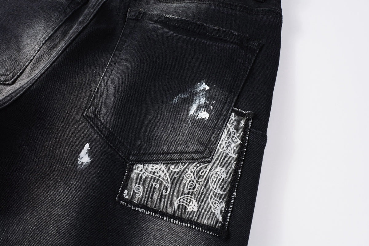 Men's Distressed Black Skinny Jeans with Bandanna Patchwork, Ripped Holes & Button Fly