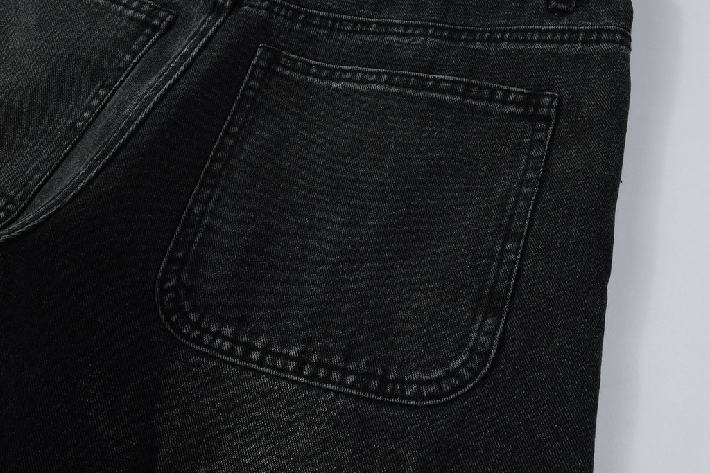 Men's Distressed Black Gray Loose Fit Jeans with Ripped Holes & Button Fly
