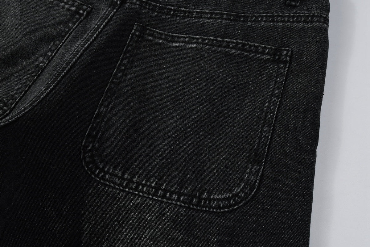 Men's Distressed Black Gray Loose Fit Jeans with Ripped Holes & Button Fly