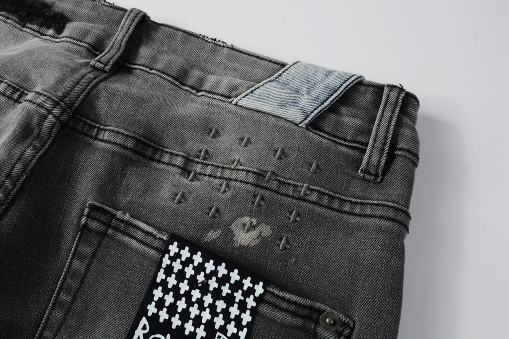 Men's Grey Wash Embroidered Distressed Skinny Jeans - Stretch Denim