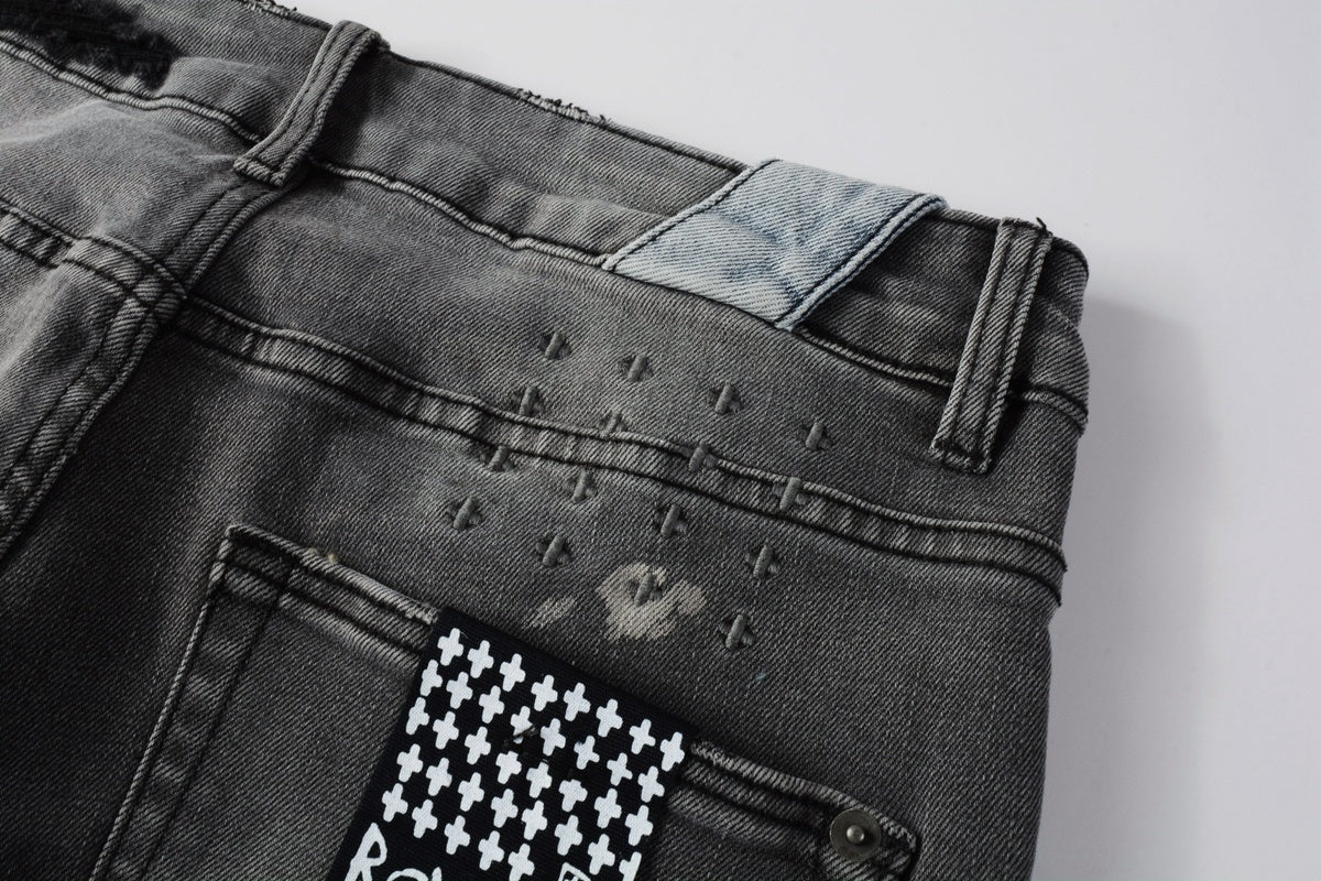 Men's Grey Wash Embroidered Distressed Skinny Jeans - Stretch Denim