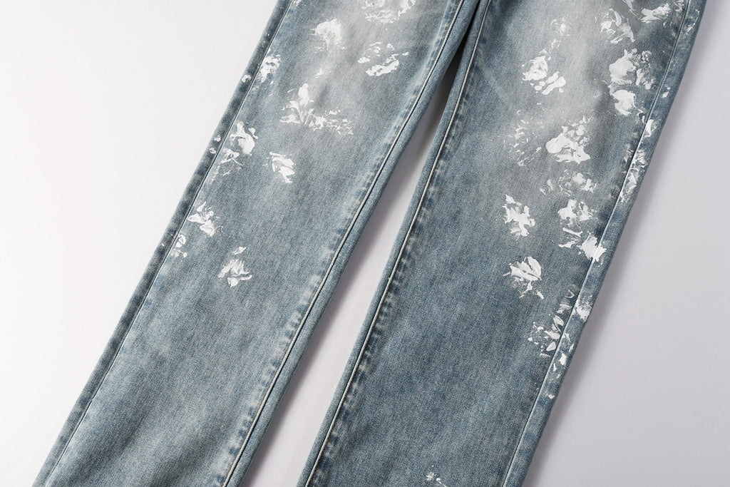 Men's Distressed Light Indigo Skinny Jeans with Graffiti, Ripped Holes & Button Fly