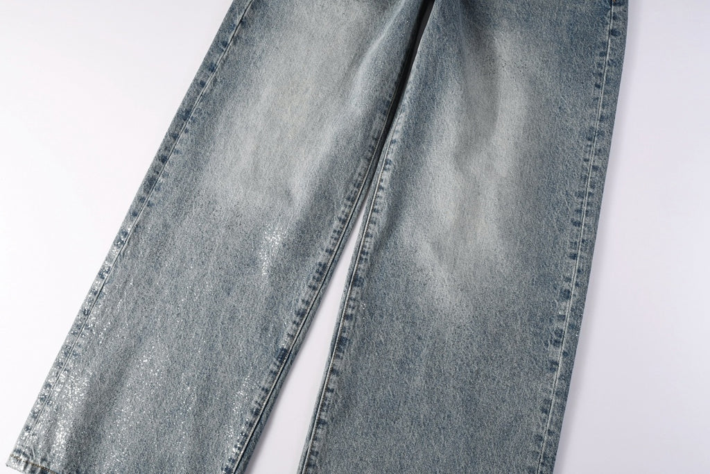 Men's Loose Distressed Blue Baggy Jeans with Coated Finish, Ripped Details & Stretch Fit