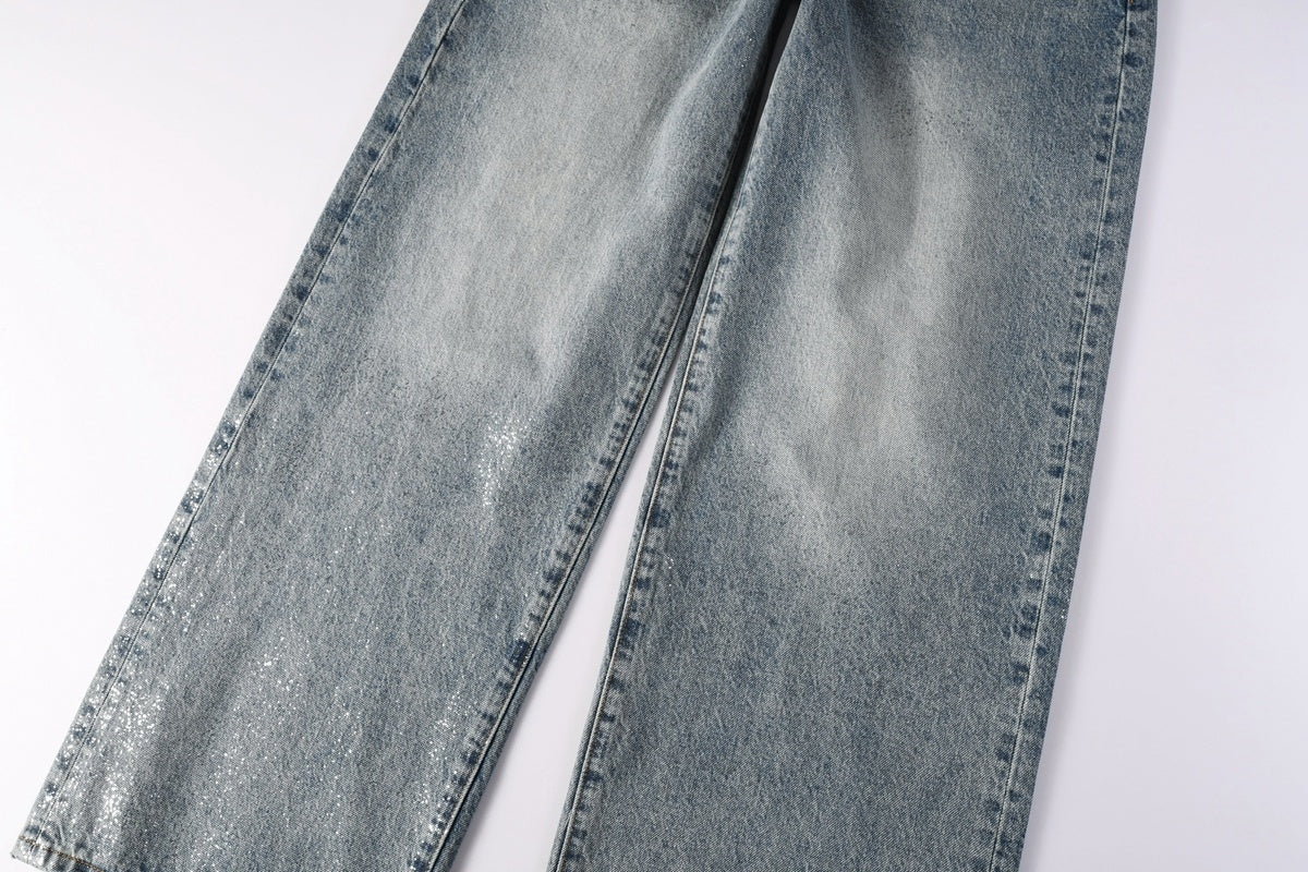 Men's Loose Distressed Blue Baggy Jeans with Coated Finish, Ripped Details & Stretch Fit