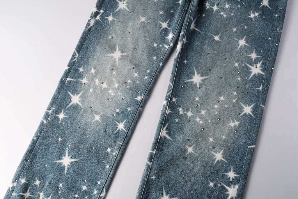 Distressed Blue Rhinestones Baggy Jeans - Printing Patterns & Loose Ripped Denim