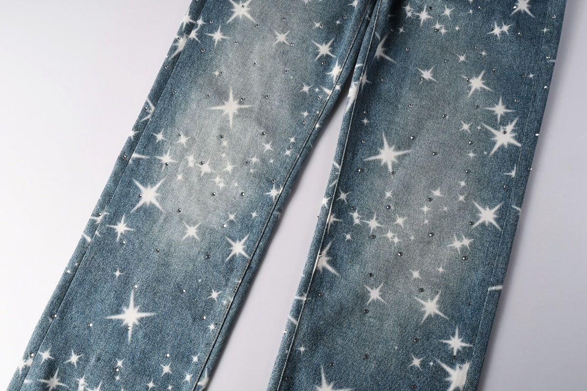 Distressed Blue Rhinestones Baggy Jeans - Printing Patterns & Loose Ripped Denim