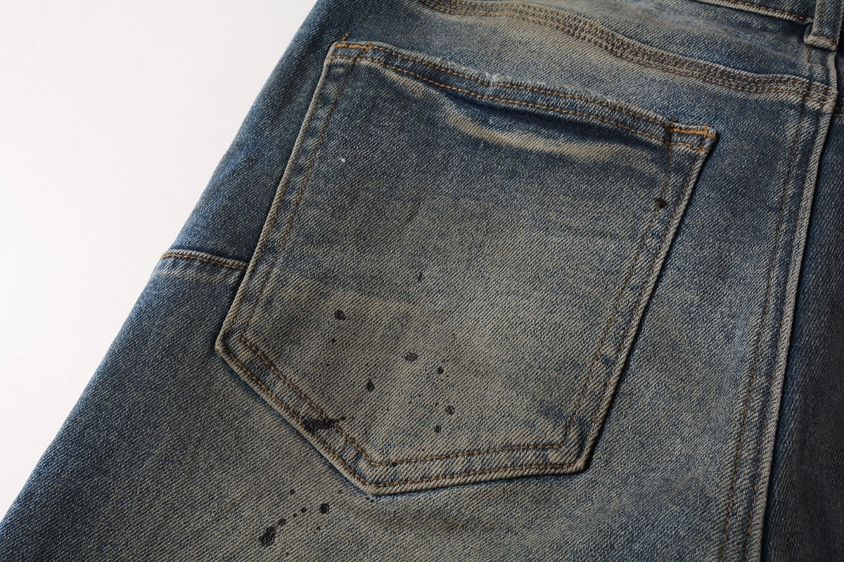Men's High Street Distressed Blue Painted Dirty Slim Fit Ripped Jeans