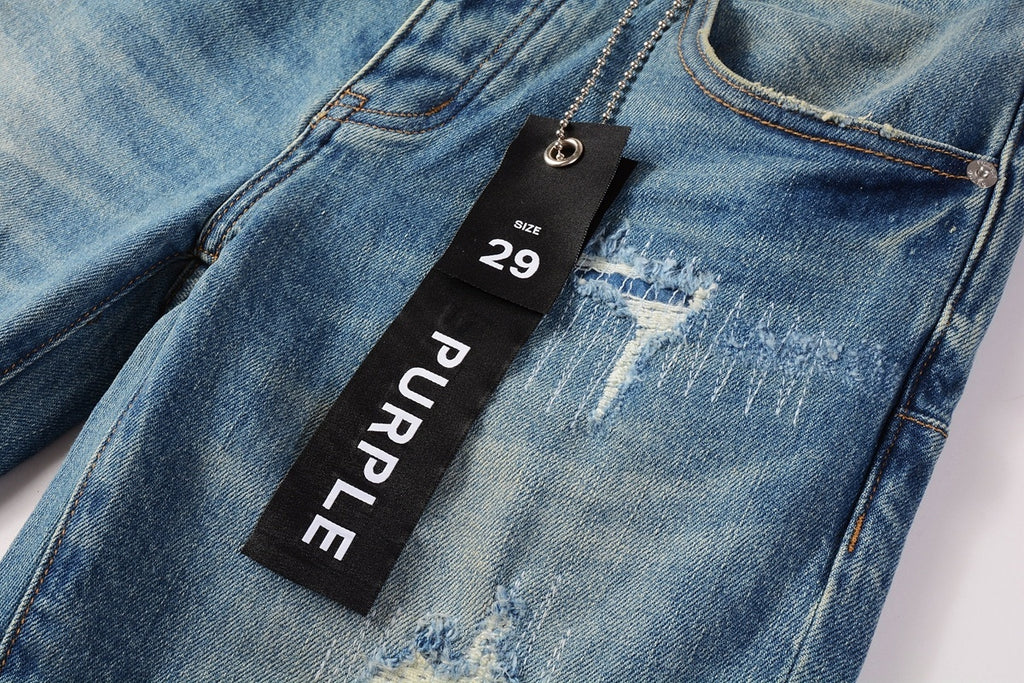Men's Slim Fit Distressed Sea Blue Skinny Jeans with Button Fly & Ripped Detailing