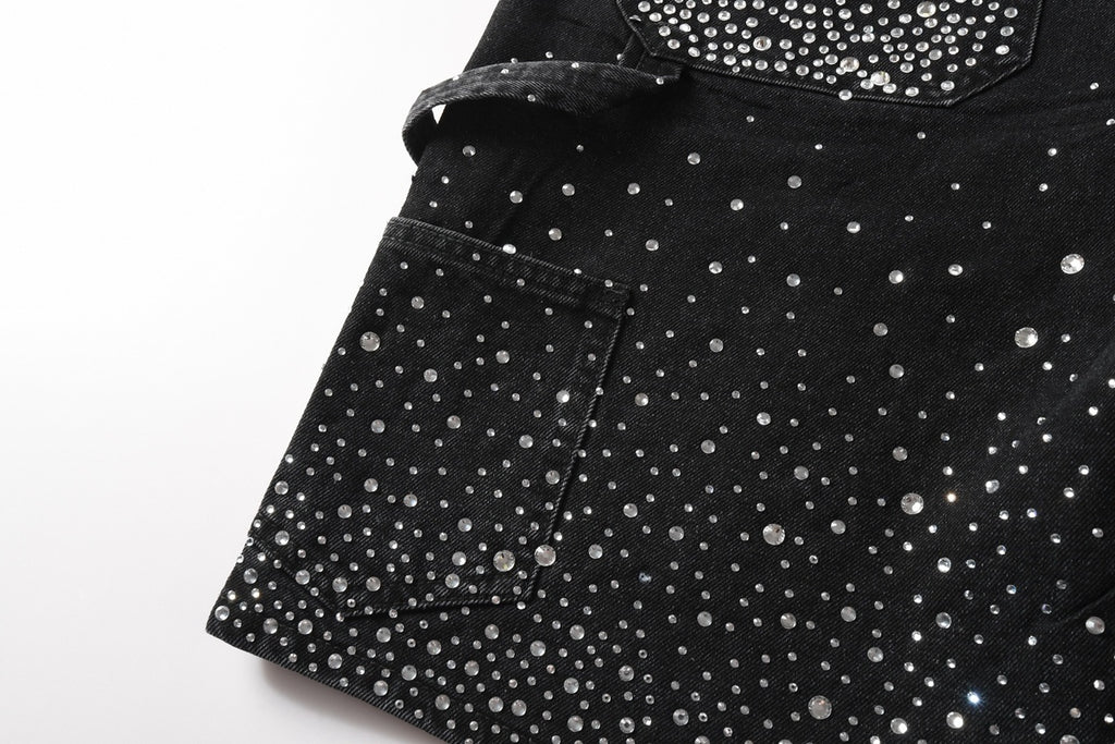 Men's Distressed Black Denim Shorts with Rhinestones, Ripped Holes & Loose Fit