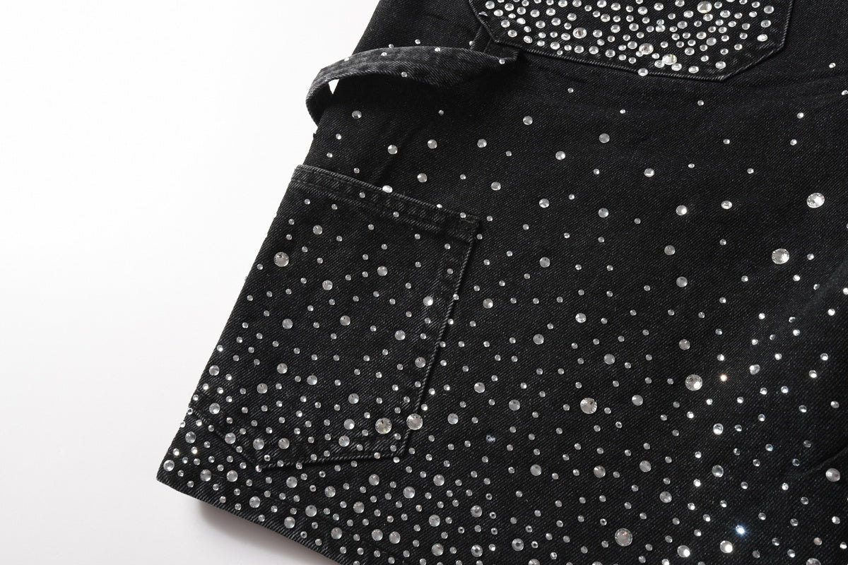 Men's Distressed Black Denim Shorts with Rhinestones, Ripped Holes & Loose Fit