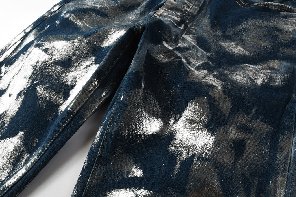 Men's Distressed Blue Skinny Jeans with Silver Coating, Ripped Holes & Button Fly