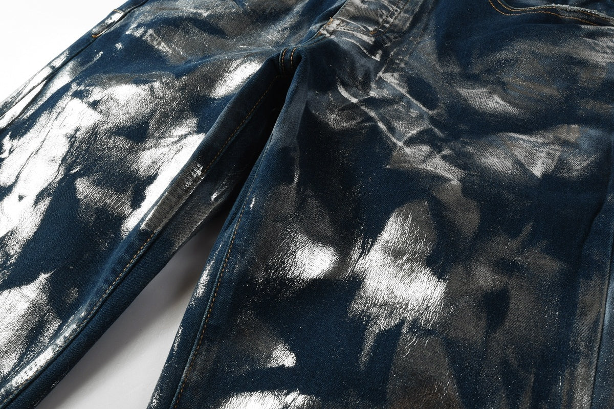 Men's Distressed Blue Skinny Jeans with Silver Coating, Ripped Holes & Button Fly