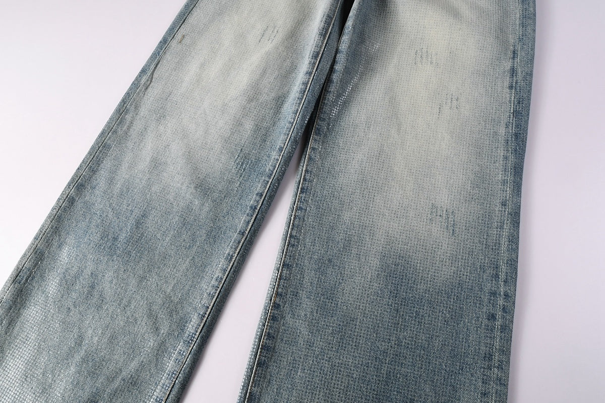 High-Quality Distressed Blue Wide Leg Jeans for Men & Women with Loose Fit & Stretch Denim