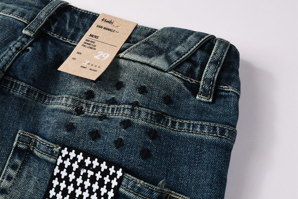 Men's Dark Vintage Wash Slim Skinny Jeans - Streetwear Denim