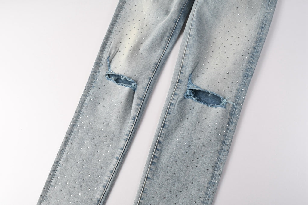 Men's Distressed Light Indigo Skinny Jeans with Transparent Rhinestones & Ripped Holes