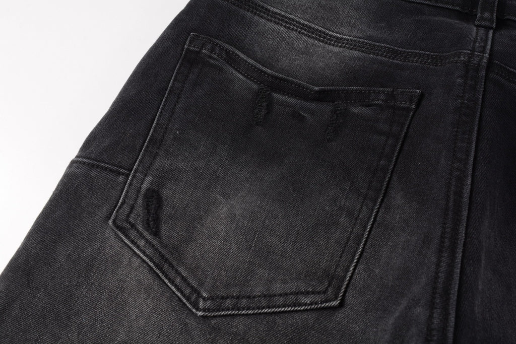 High Street Distressed Black Gray Destroyed Holes Stretch Slim Fit Ripped Jeans For Men