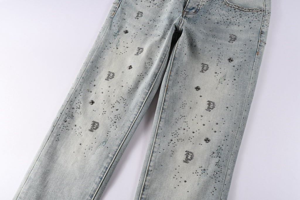 Purple Brand Men's Distressed Skinny Jeans with Cross Rhinestones, Ripped Holes & Button Fly
