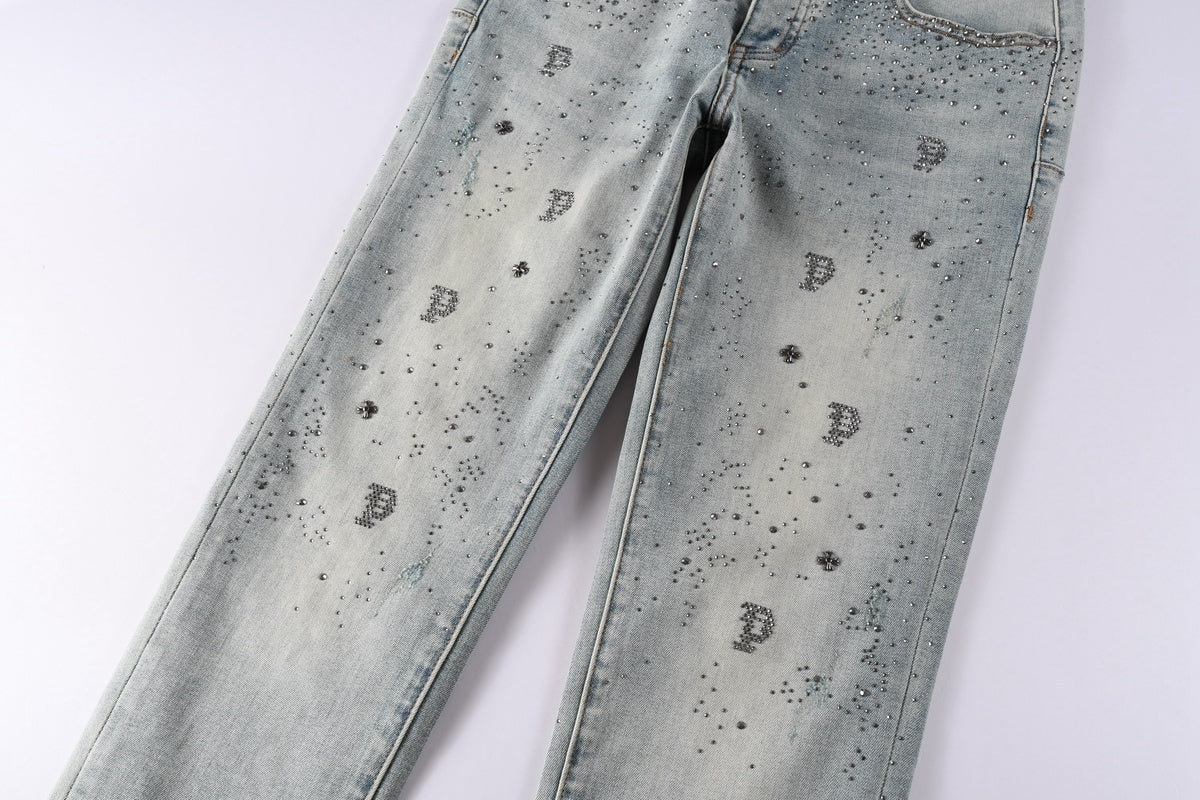 Purple Brand Men's Distressed Skinny Jeans with Cross Rhinestones, Ripped Holes & Button Fly
