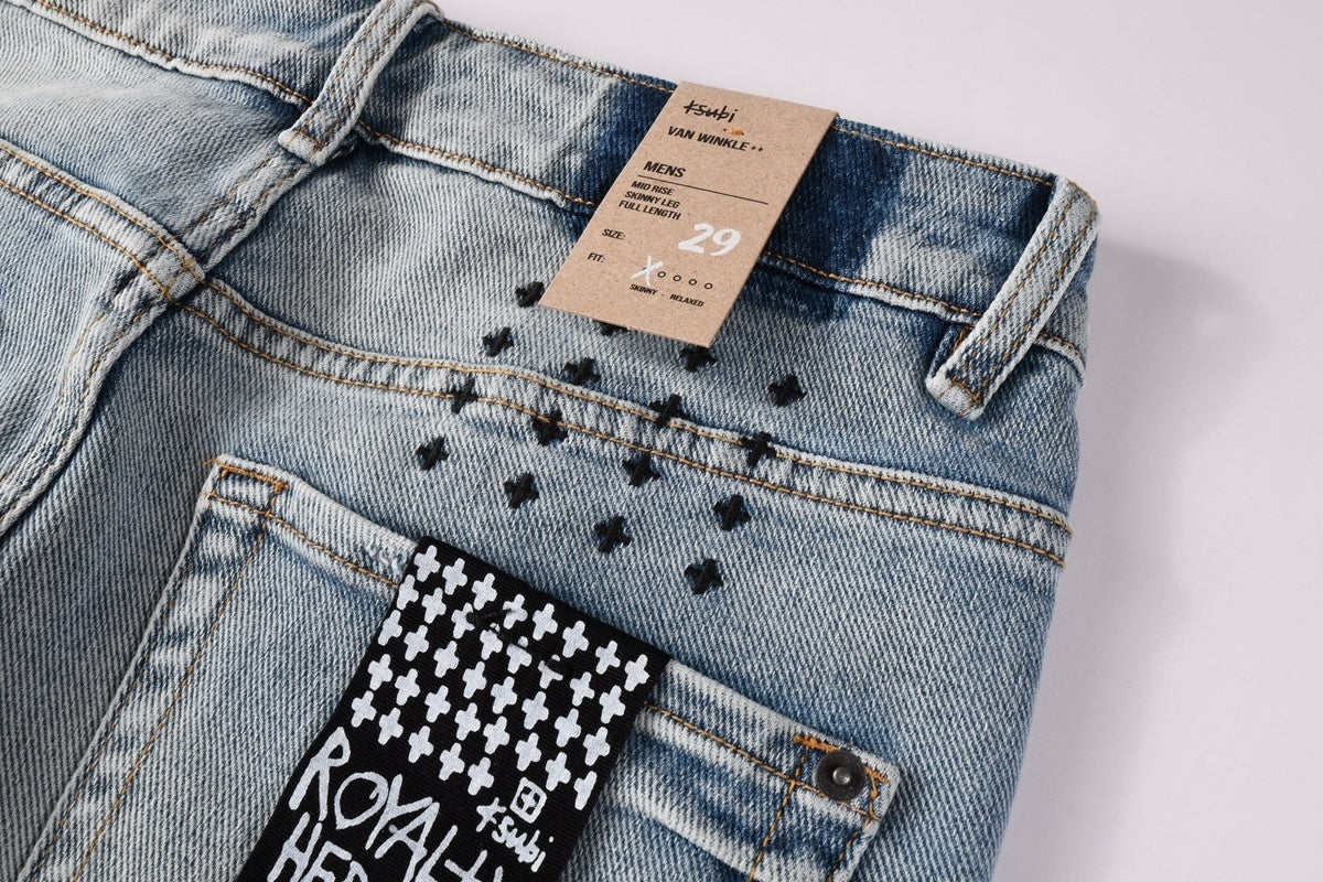Men’s Light Wash Biker Skinny Jeans - Distressed Street Denim