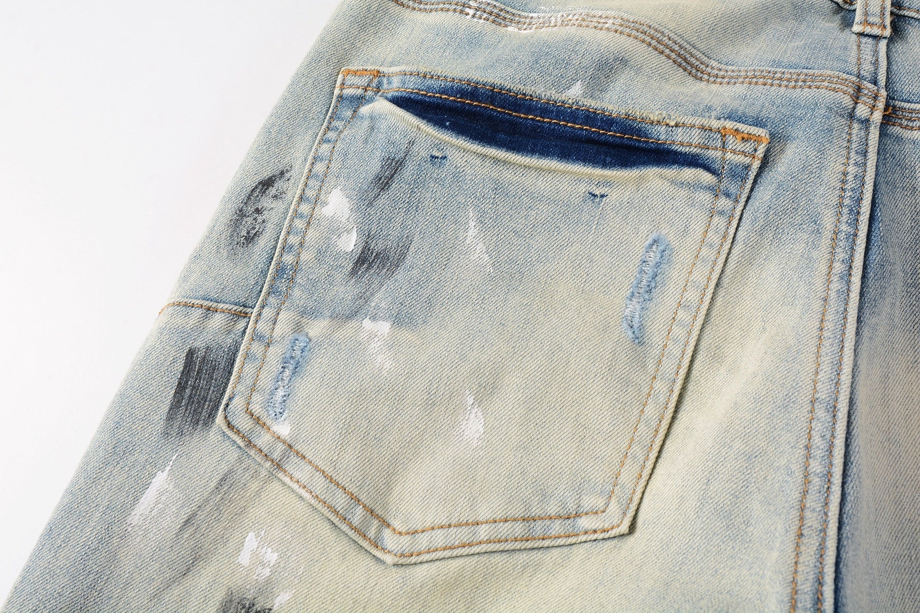 Men's High Street Distressed Blue Destroyed Hole Slim Fit Spray Paint Ripped Jeans