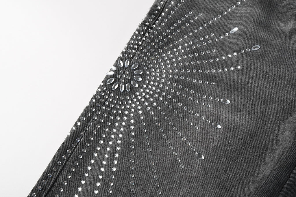 Men's Distressed Skinny Jeans with Ripped Holes, Rhinestones & Button Fly