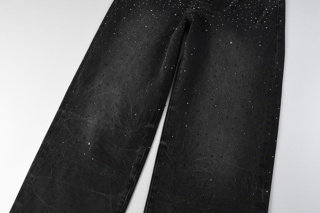 Men's High Street Fashion Black Distressed Baggy Jeans with Rhinestone Detailing & Loose Fit