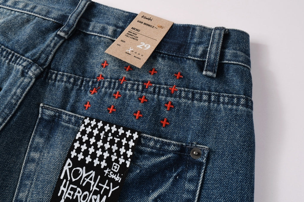 Men’s Vintage Blue Baggy Jeans - Distressed Knee Patch Denim