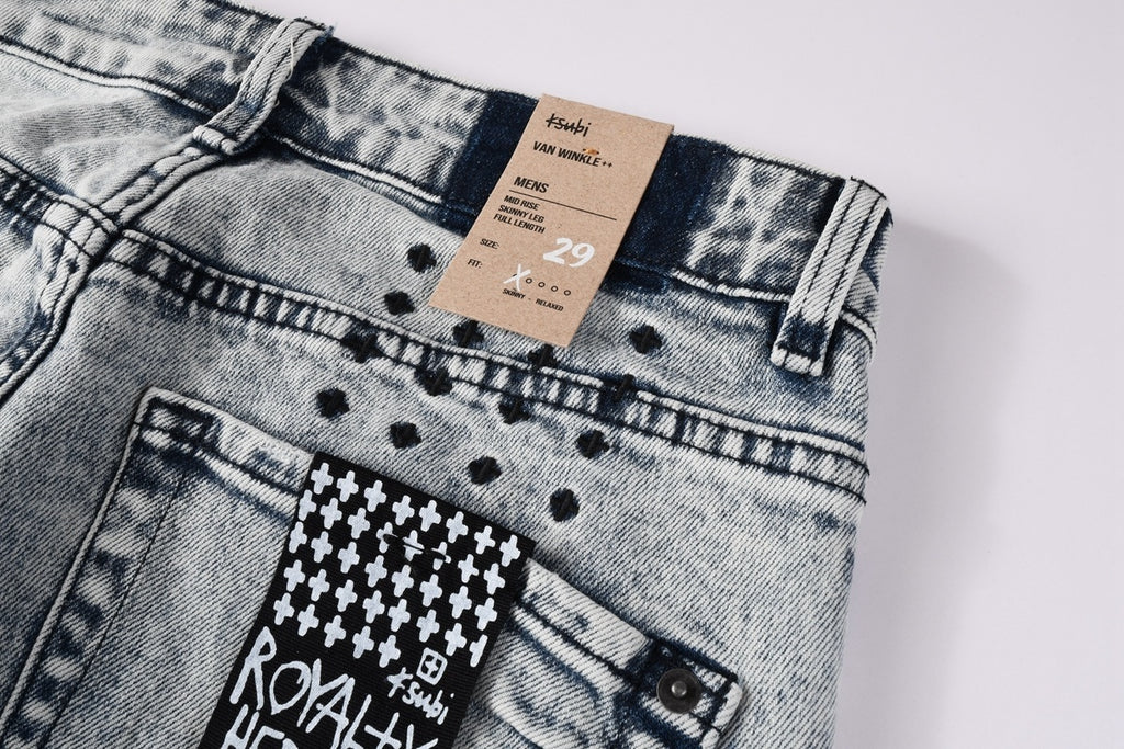 Men’s Acid Wash Skinny Jeans - Distressed Embroidered Street Denim