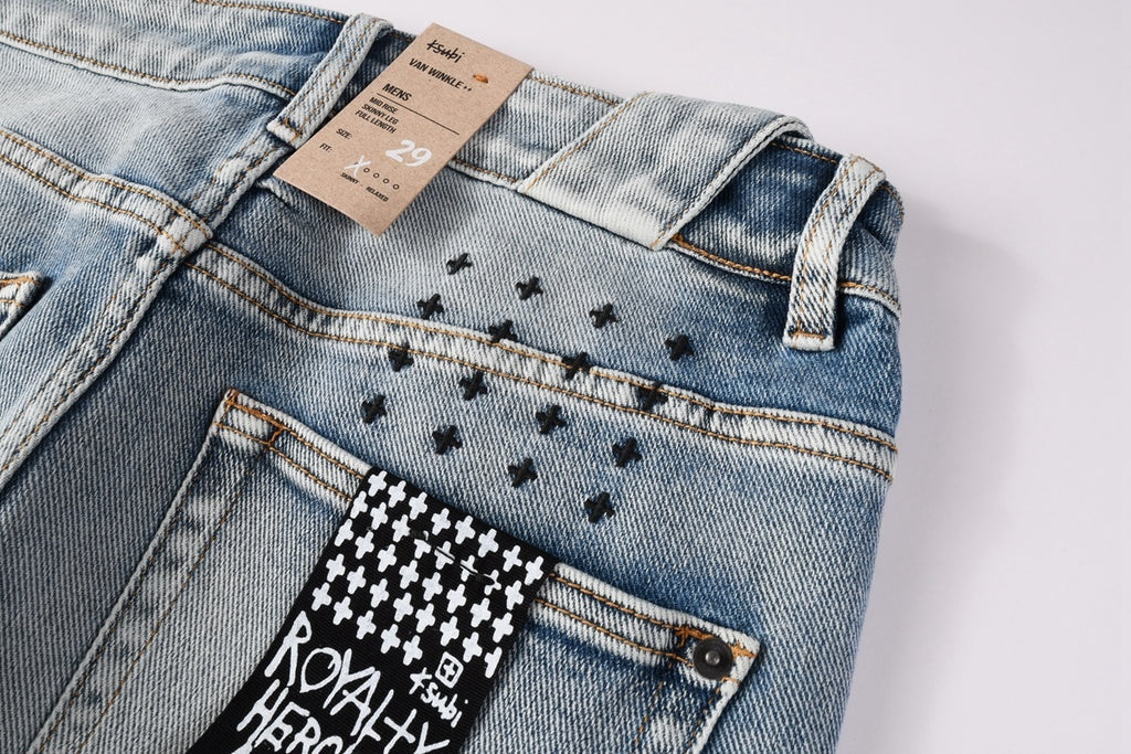 Men’s Light Wash Skinny Jeans - Cross Embroidered Distressed Denim