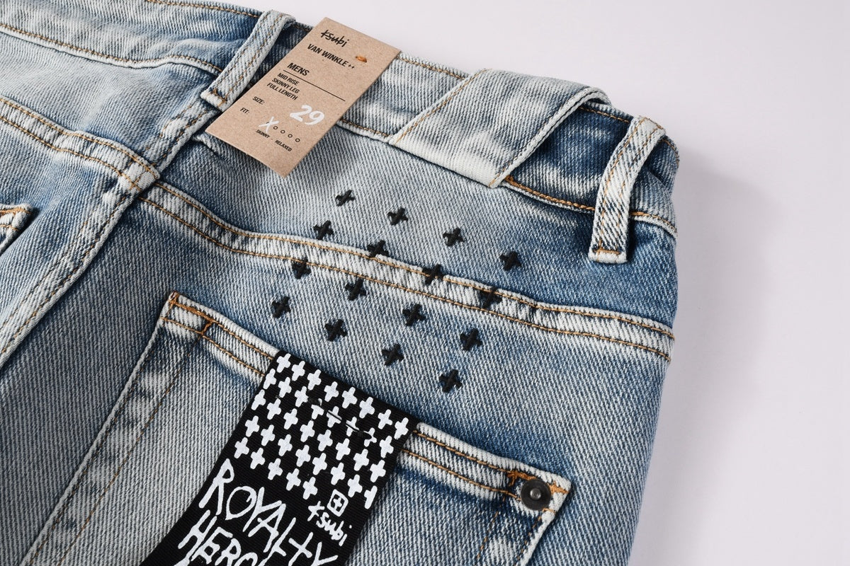Men’s Light Wash Skinny Jeans - Cross Embroidered Distressed Denim