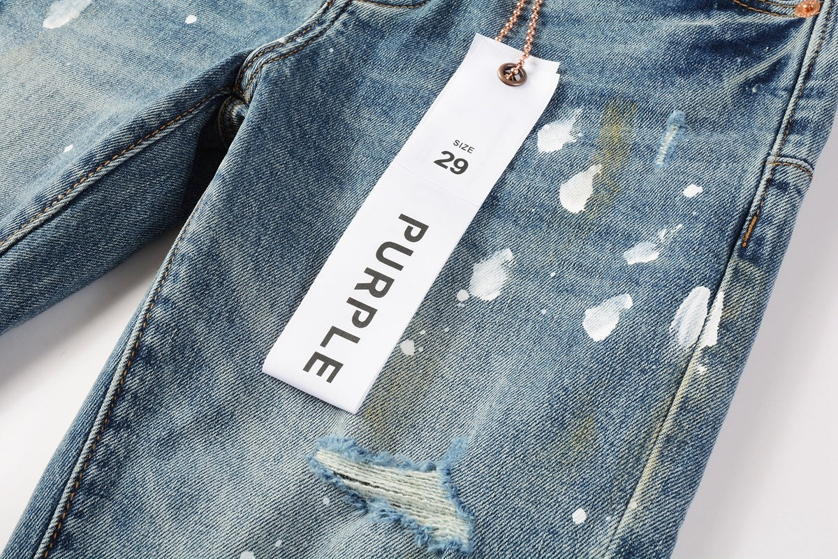 Men's Slim Fit Distressed Blue Graffiti Skinny Jeans with Ripped Holes & Button Fly