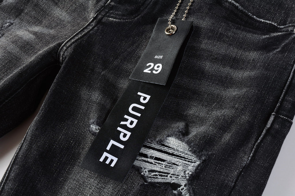 Men's Distressed Black Gray Skinny Jeans with Ripped Holes & Button Fly