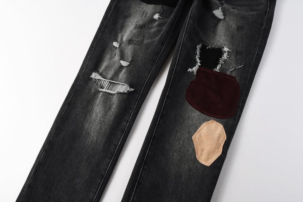 Men's Distressed Black Gray Skinny Jeans with Patchwork, Ripped Holes & Button Fly