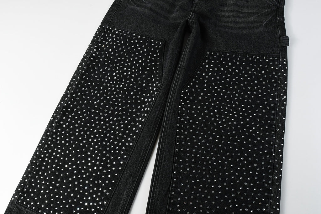 High Street Distressed Black Rhinestones Baggy Jeans for Men & Women | Cool Boys Fashion Loose Fit