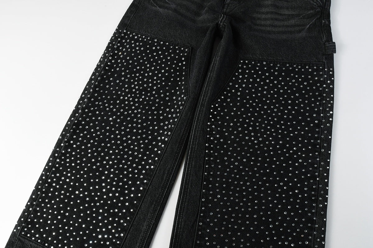 High Street Distressed Black Rhinestones Baggy Jeans for Men & Women | Cool Boys Fashion Loose Fit