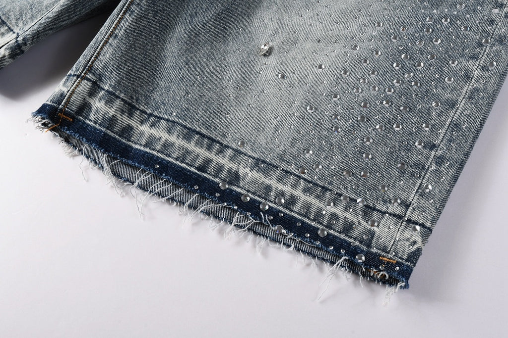 Men's Washed Distressed Blue Denim Shorts with Rhinestones, Ripped Details & Loose Fit