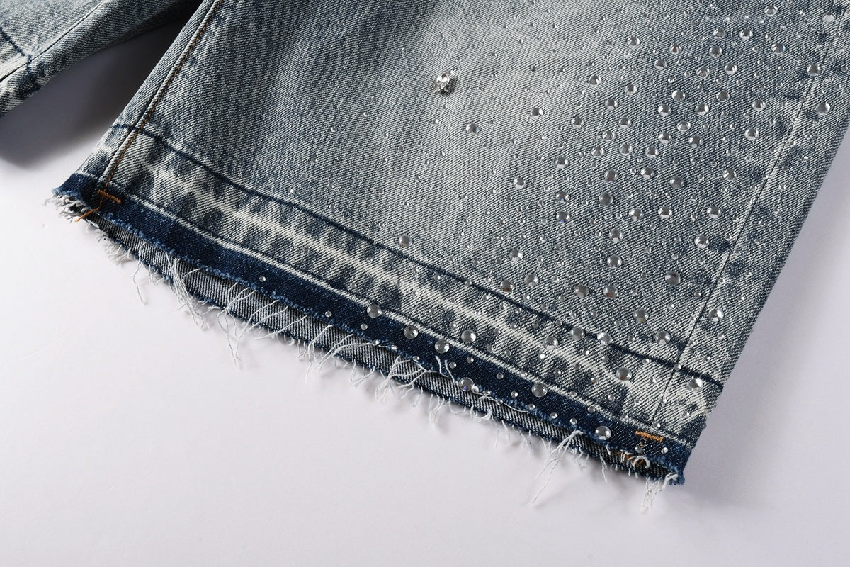 Men's Washed Distressed Blue Denim Shorts with Rhinestones, Ripped Details & Loose Fit