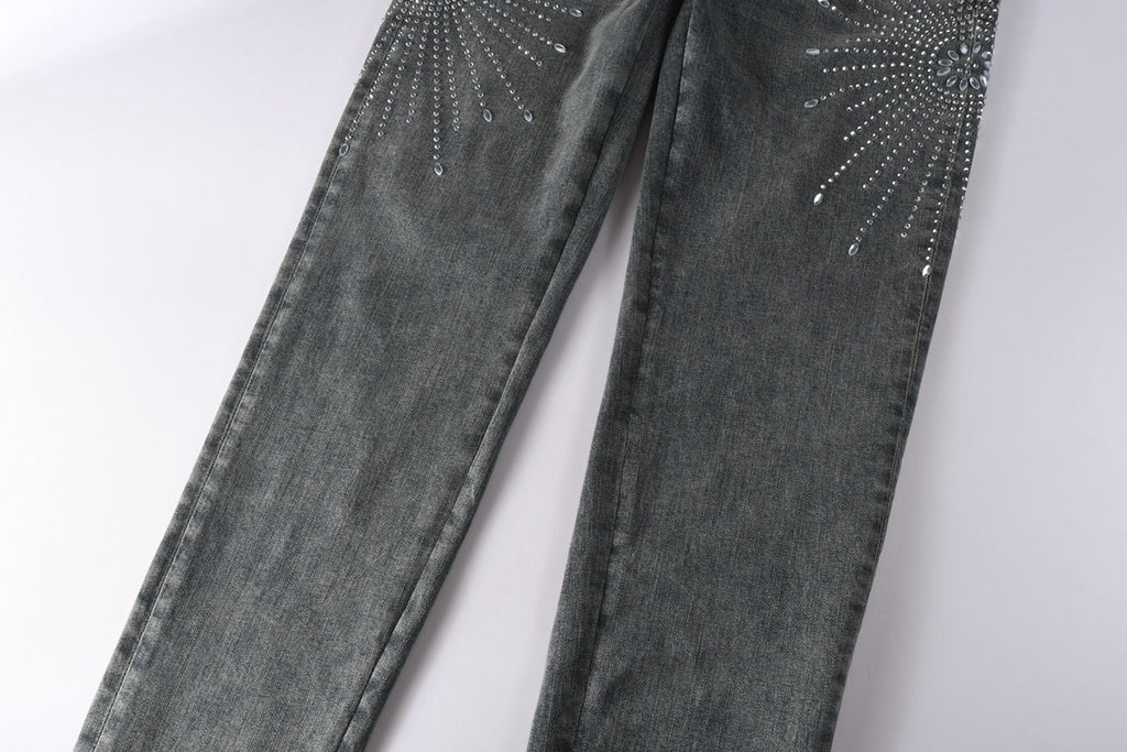 Men's Washed Blue Skinny Jeans with Ripped Holes, Rhinestones & Button Fly