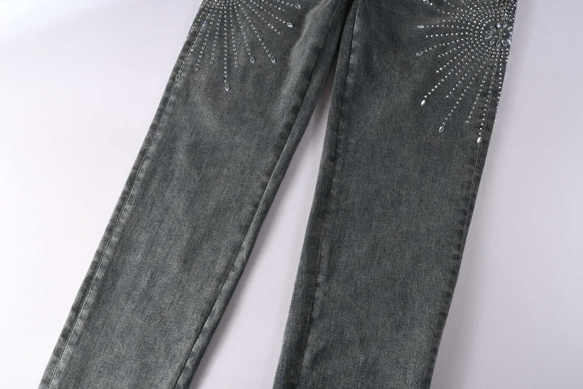 Men's Washed Blue Skinny Jeans with Ripped Holes, Rhinestones & Button Fly