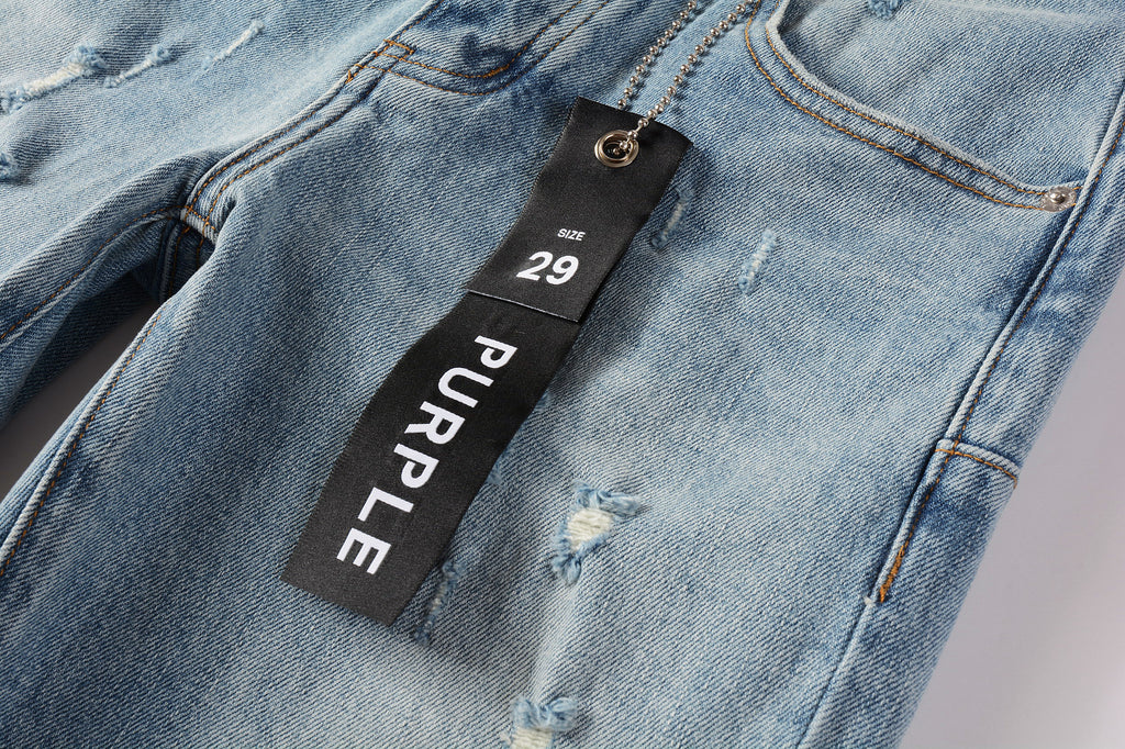 Men's Distressed Slim Fit Light Blue Skinny Jeans with Button Fly & Ripped Detailing