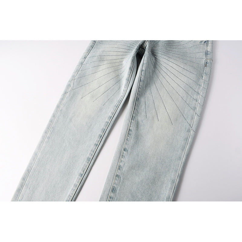 Men's Light Wash Sunburst Rhinestone Skinny Jeans | Streetwear Distressed Slim Fit Denim Pants