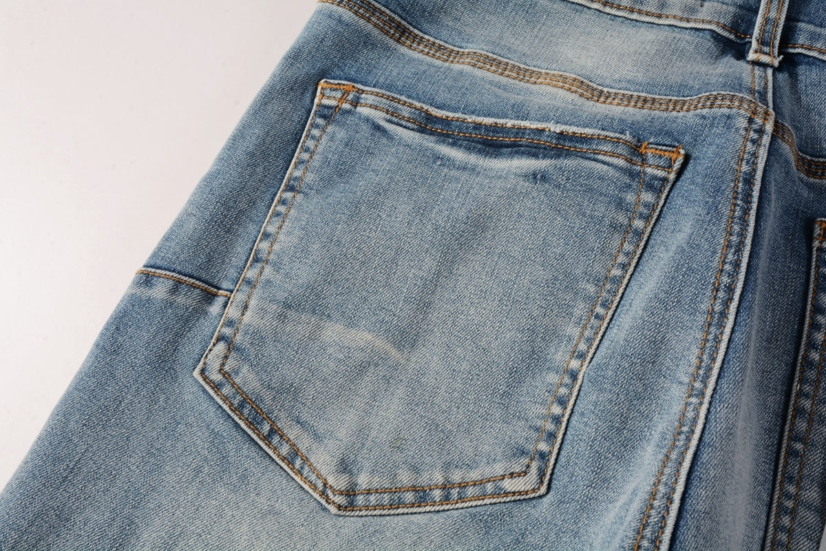 Men's Slim Fit High Street Distressed Blue Stretch Ripped Jeans