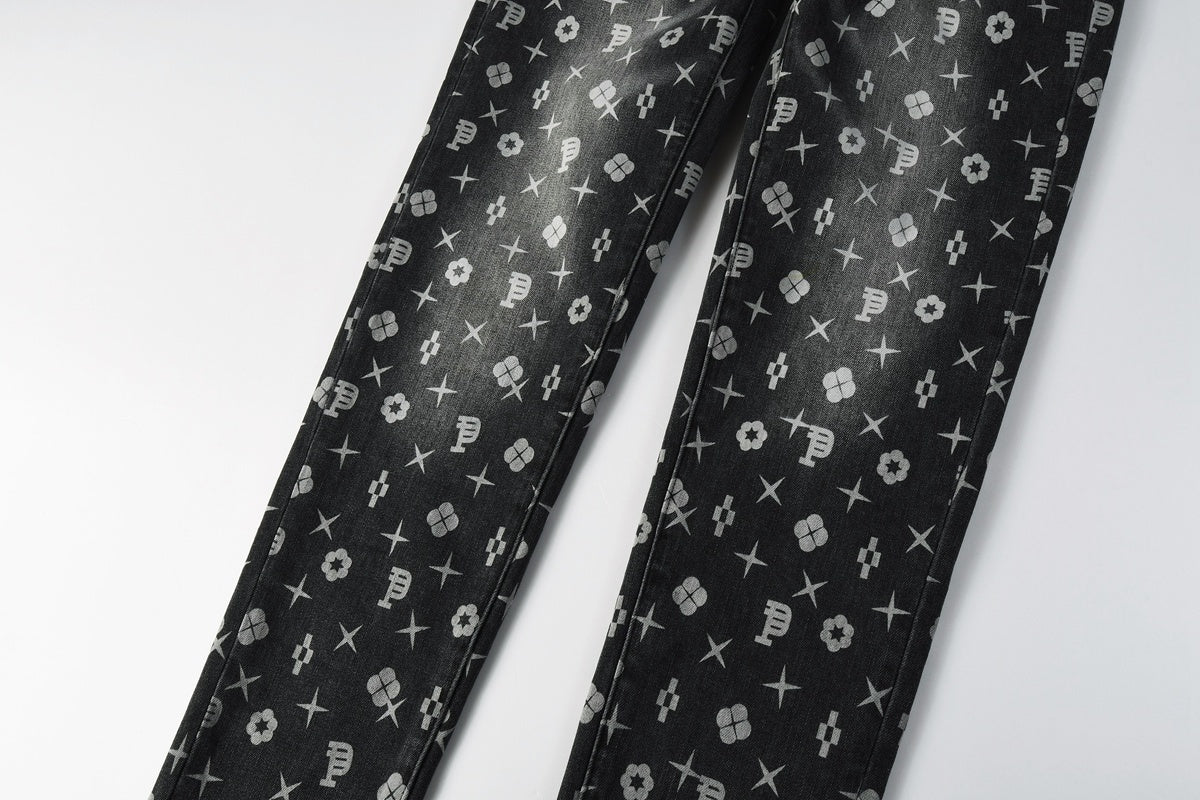Distressed Skinny Jeans with Laser Print Patterns & Ripped Holes & Button Fly