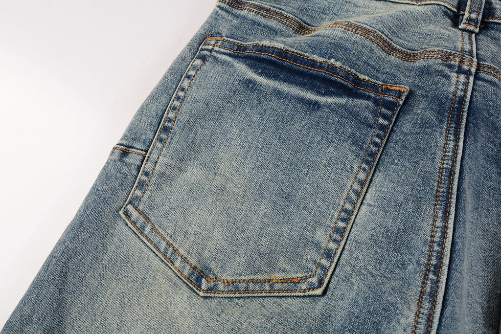 Men's Distressed Light Blue Patchwork Stretch Slim Fit Ripped Denim Jeans