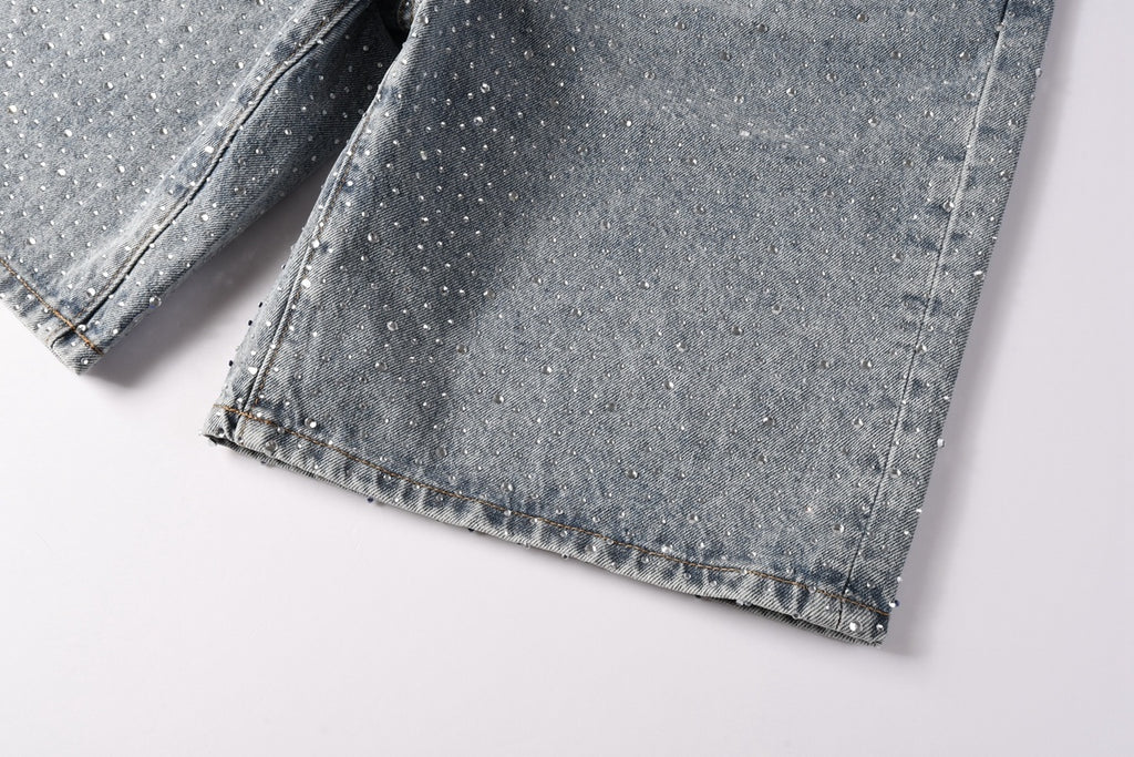 Men's Distressed Vintage Blue Denim Shorts with Rhinestones & Ripped Detailing