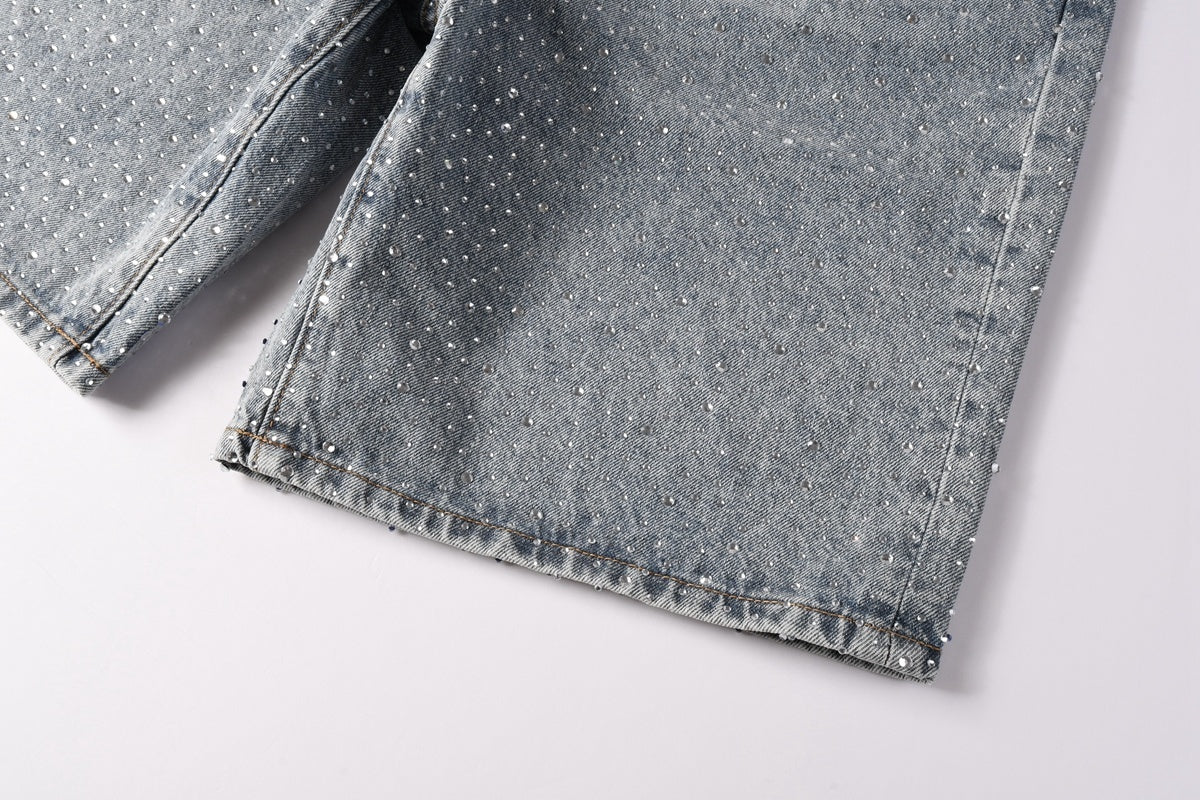 Men's Distressed Vintage Blue Denim Shorts with Rhinestones & Ripped Detailing