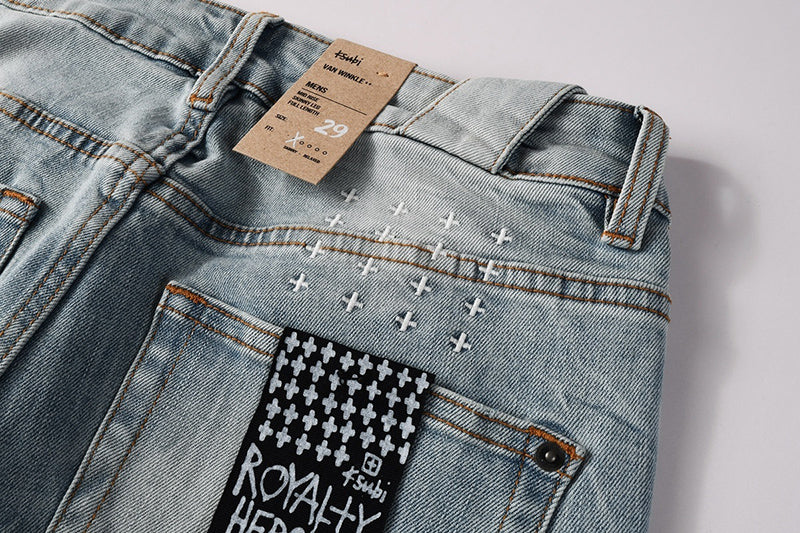 Men's Ksubi-Style Light Wash Rhinestone Logo Skinny Jeans - Streetwear Denim