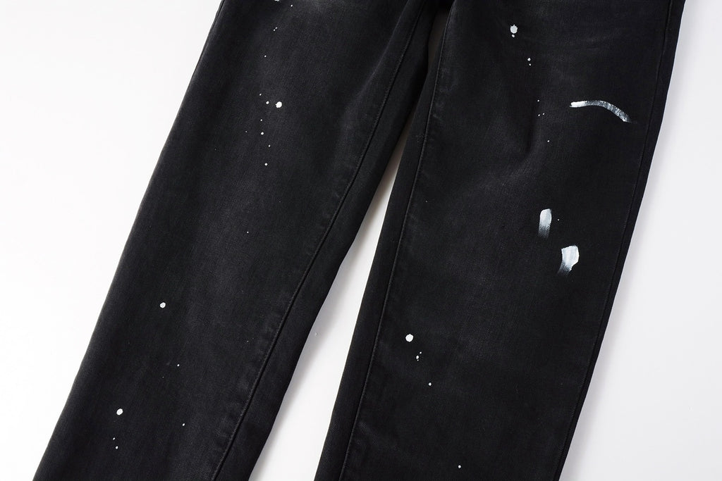 Men's Distressed Black Skinny Jeans with Graffiti Print, Ripped Holes & Button Fly