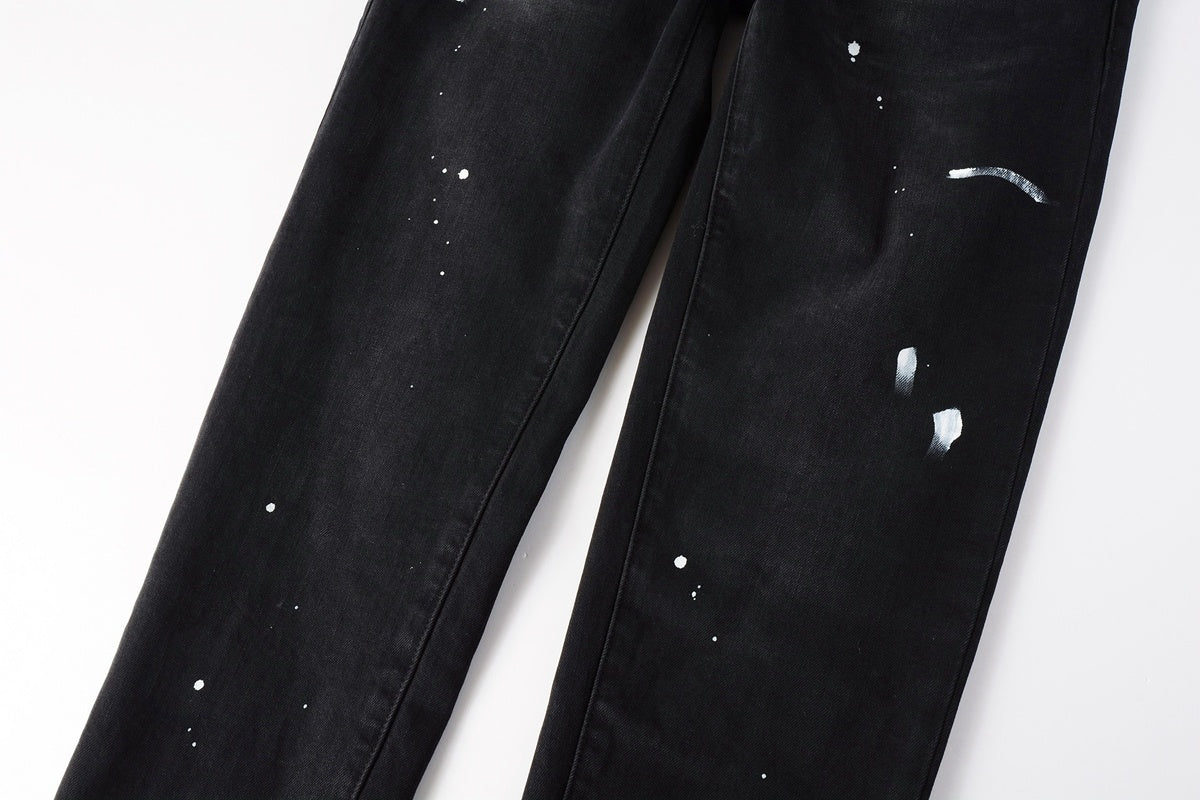 Men's Distressed Black Skinny Jeans with Graffiti Print, Ripped Holes & Button Fly
